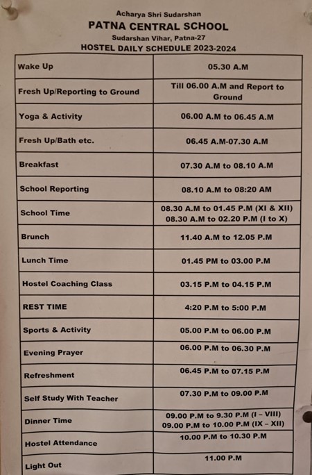 Sudarshan Ashram daily schedule - a day boarding school in patna